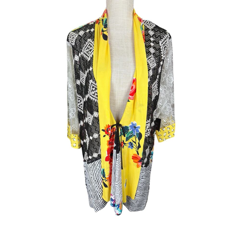NWT John Mark Patchwork Tie Front Lace Kimono Cardigan Women's Large Boho Floral - Picture 2 of 9